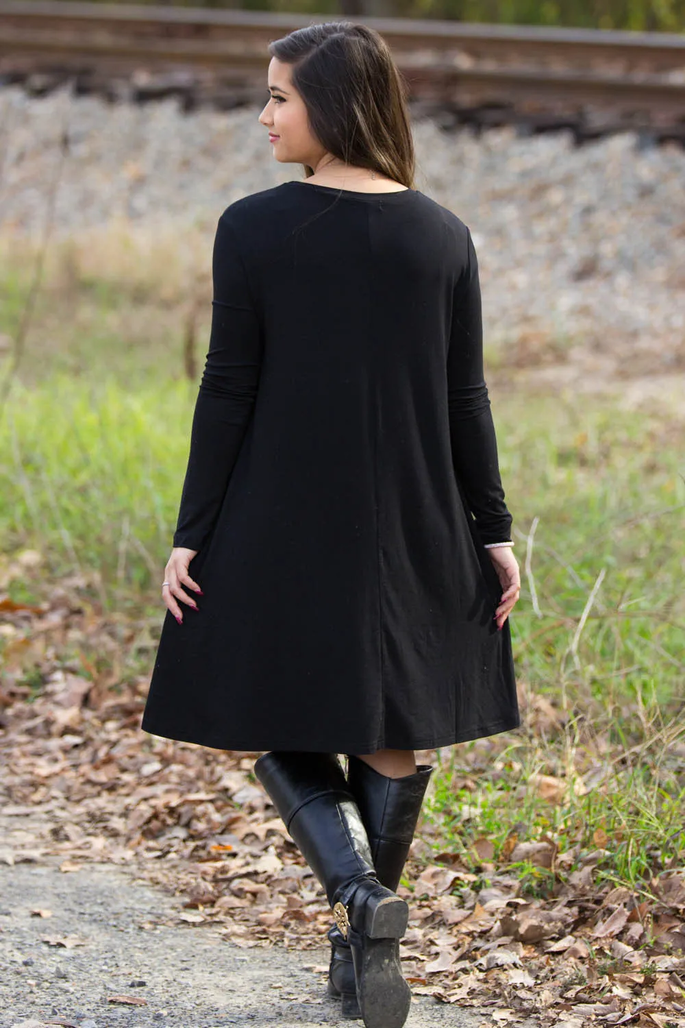 The Perfect Piko Long Sleeve Swing Dress-Black