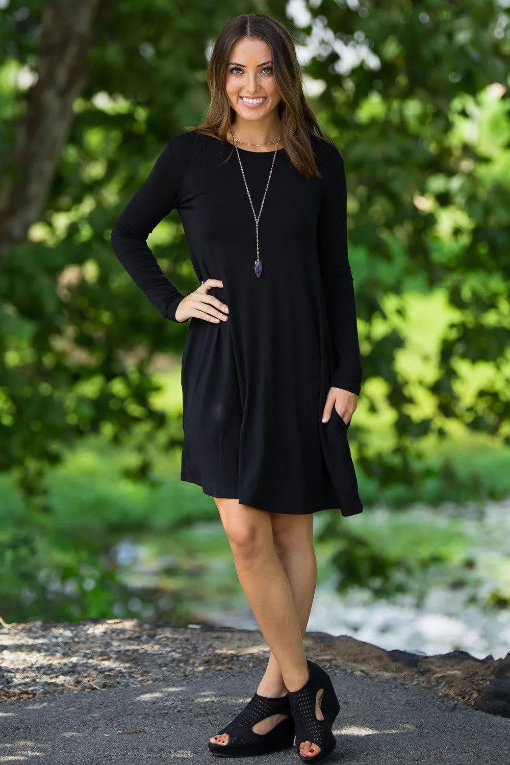 The Perfect Piko Long Sleeve Swing Dress-Black