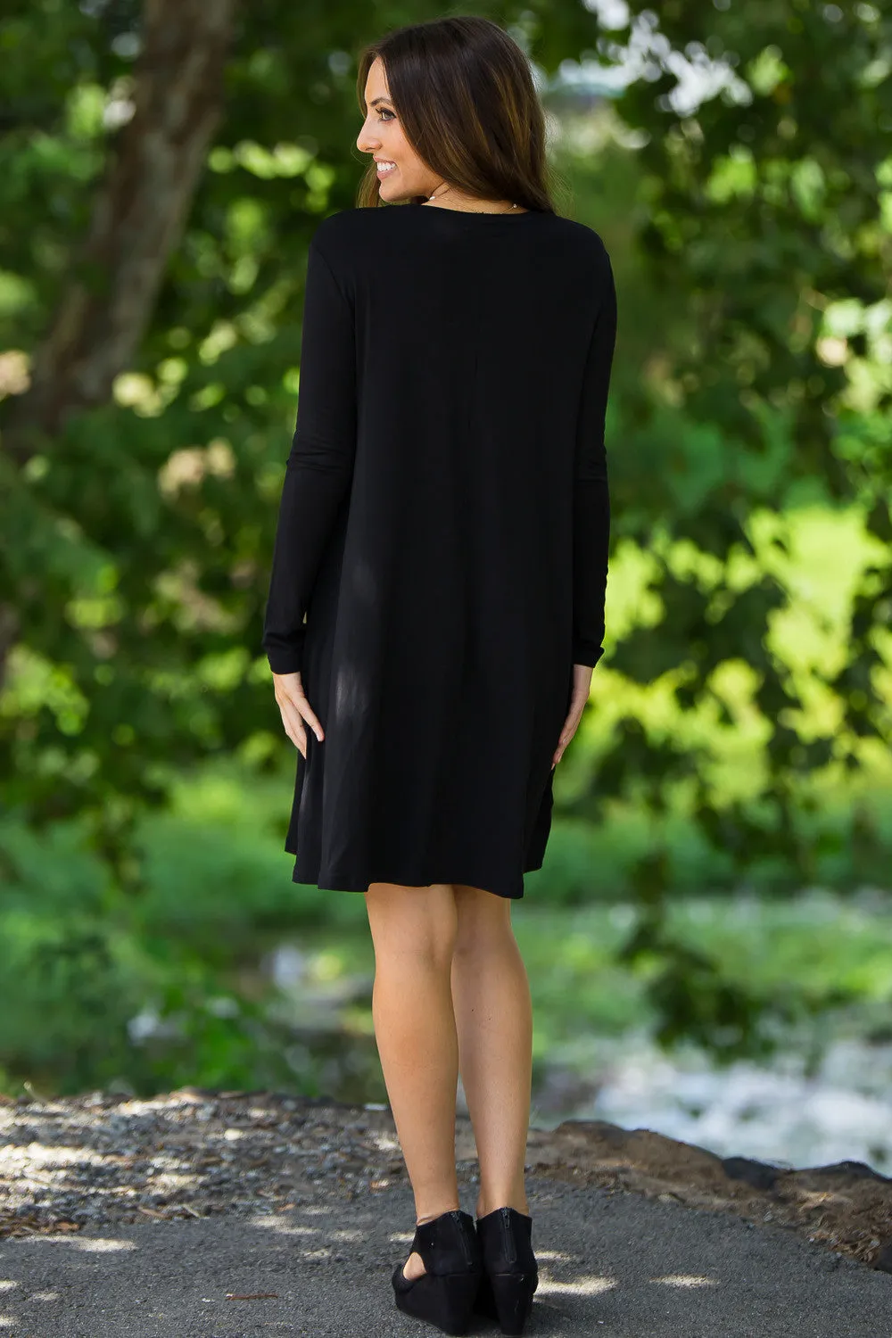 The Perfect Piko Long Sleeve Swing Dress-Black