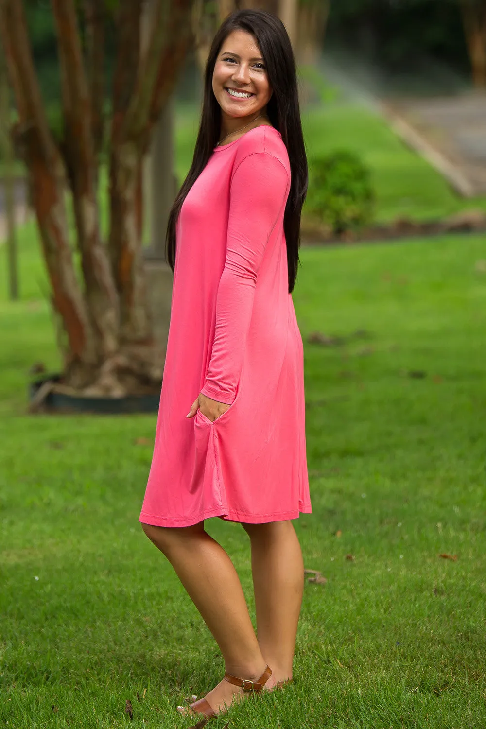 The Perfect Piko Long Sleeve Swing Dress-Coral