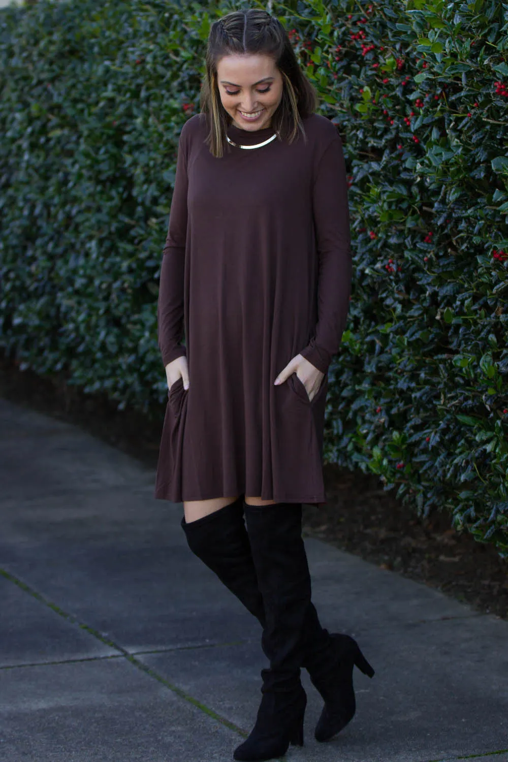 The Perfect Piko Long Sleeve Swing Dress-Dark Brown