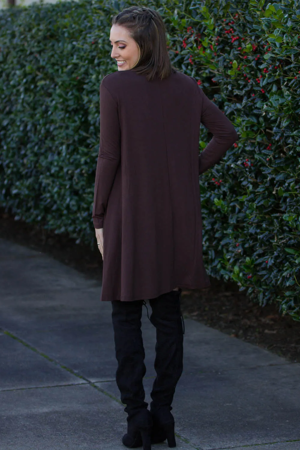 The Perfect Piko Long Sleeve Swing Dress-Dark Brown