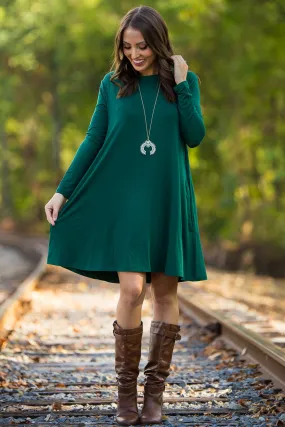 The Perfect Piko Long Sleeve Swing Dress-Forest Green