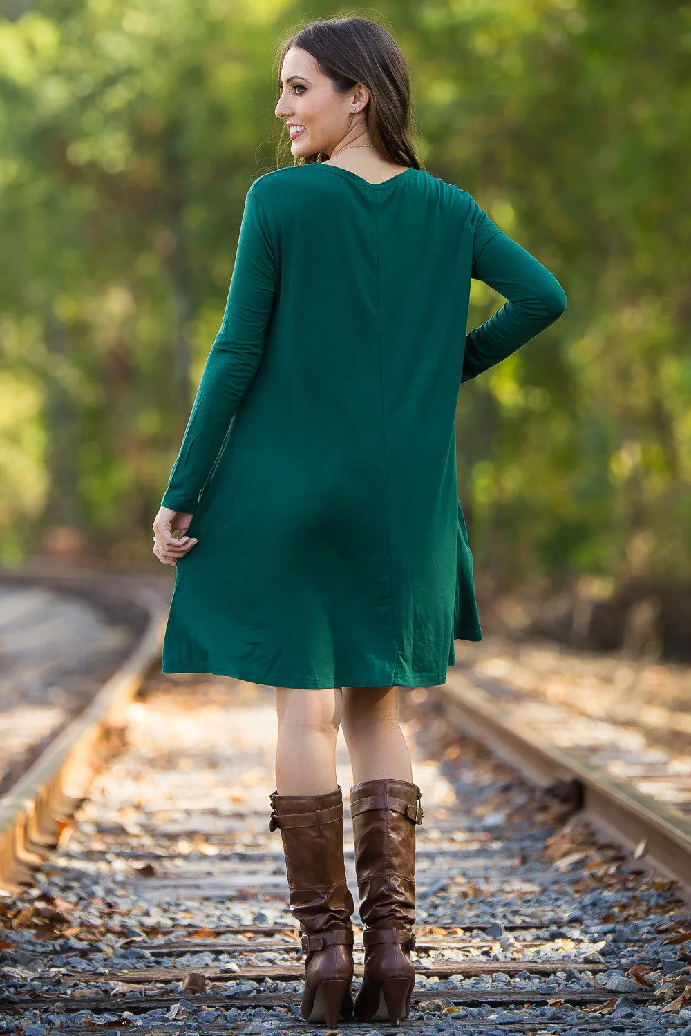 The Perfect Piko Long Sleeve Swing Dress-Forest Green