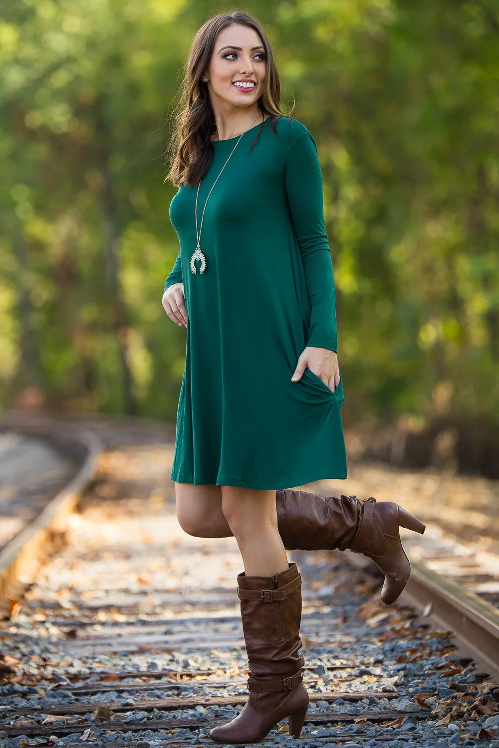 The Perfect Piko Long Sleeve Swing Dress-Forest Green