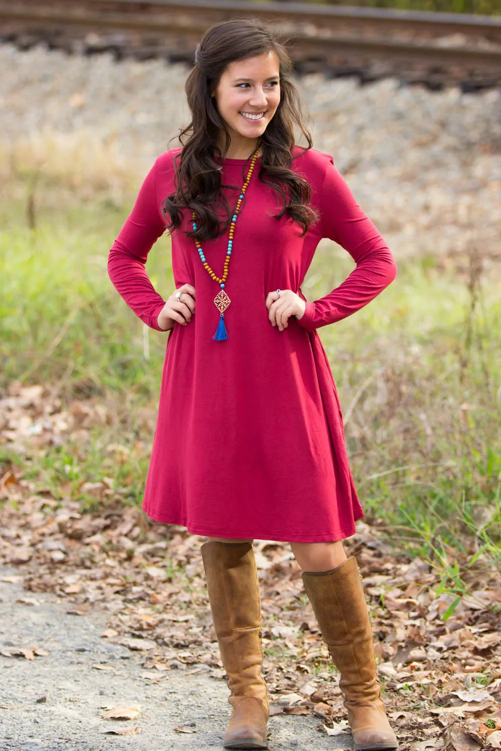 The Perfect Piko Long Sleeve Swing Dress-Wine