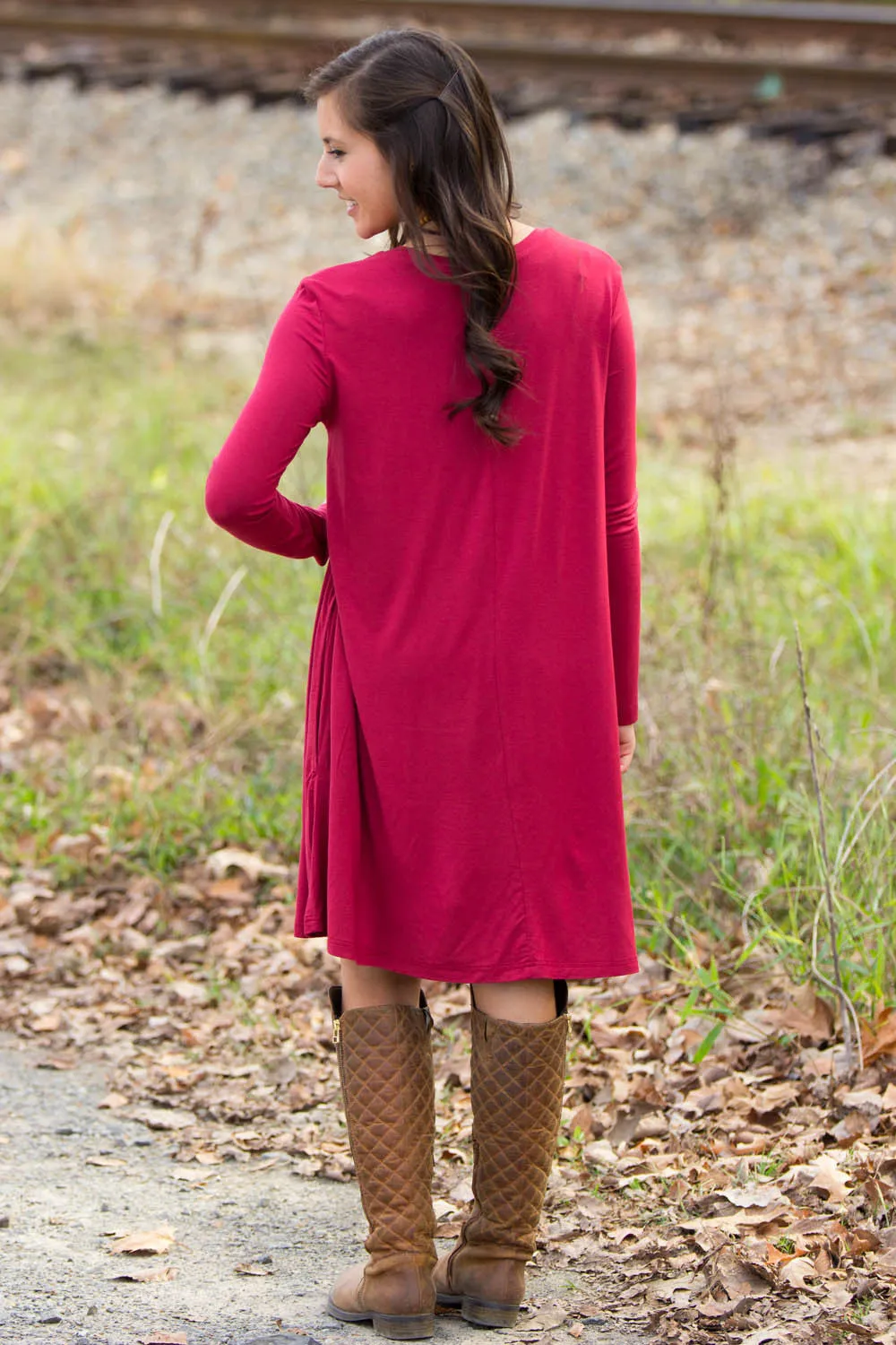 The Perfect Piko Long Sleeve Swing Dress-Wine