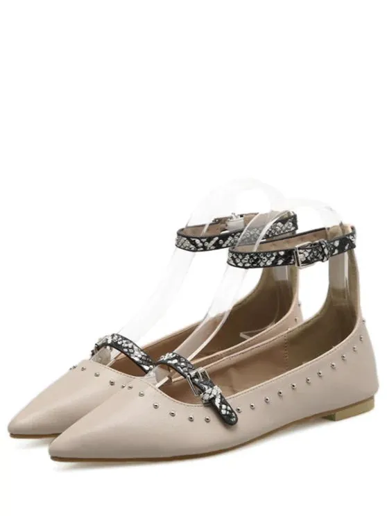 Trendy Buckle Strap Stud Ankle Strap Flats