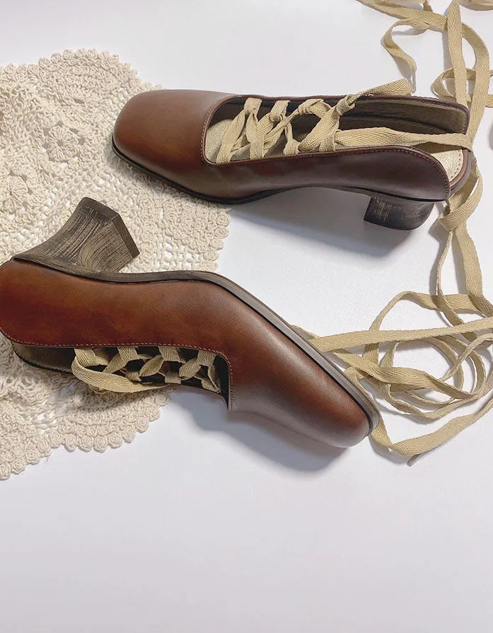 Vintage Sling-Back Lace-up Elegant Chunky Heels