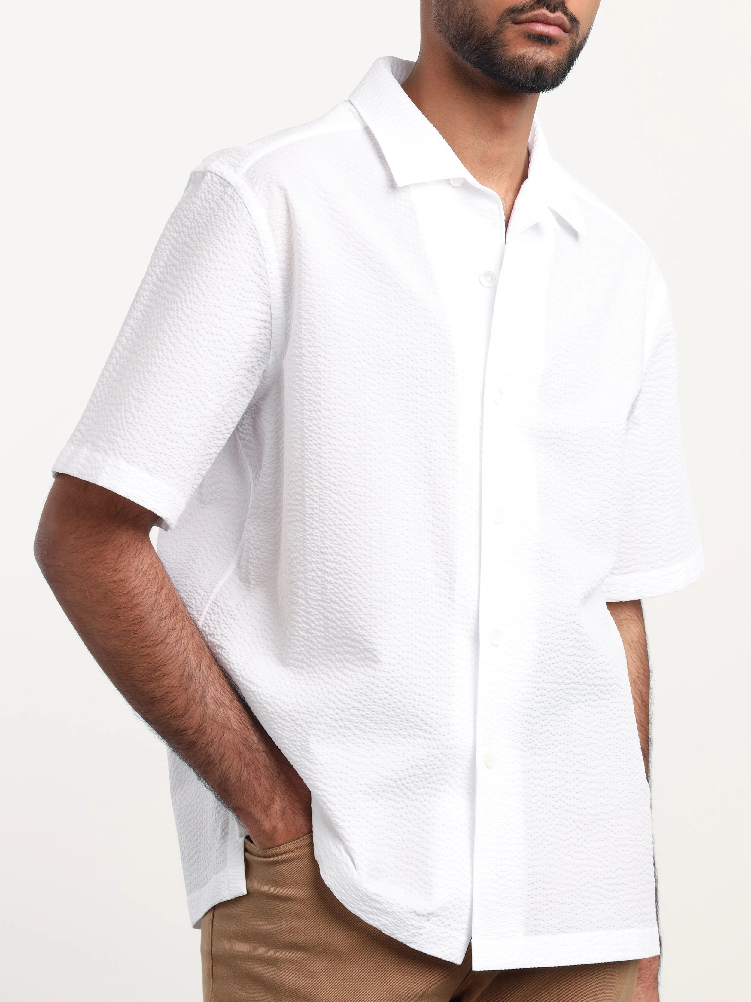 White Textured Short Sleeve Shirt