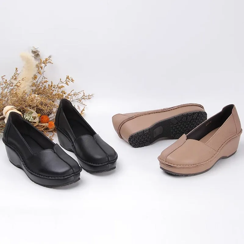 Wide Fit Soft Leather Loafers for Women Wedge Heel in Black/Apricot