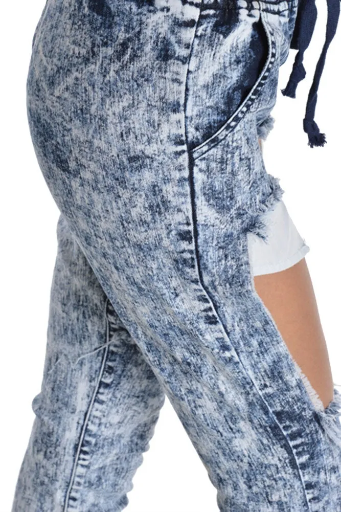 Women's Torn Acid Wash Denim Jogger Pants