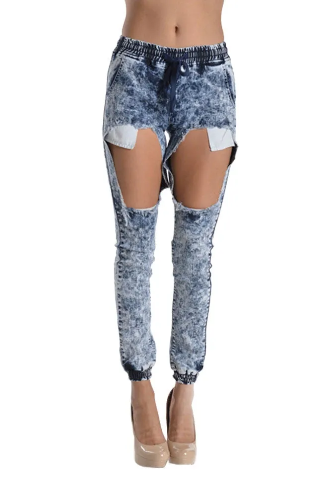 Women's Torn Acid Wash Denim Jogger Pants