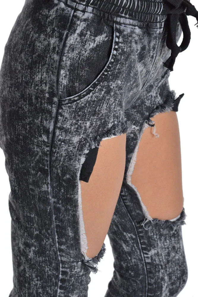 Women's Torn Acid Wash Denim Jogger Pants