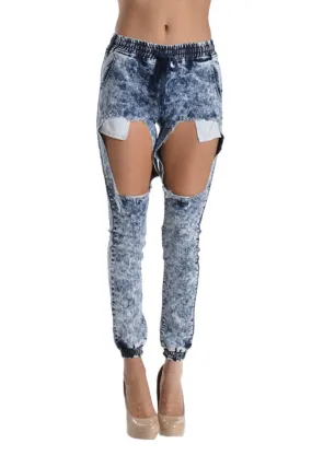 Women's Torn Acid Wash Denim Jogger Pants