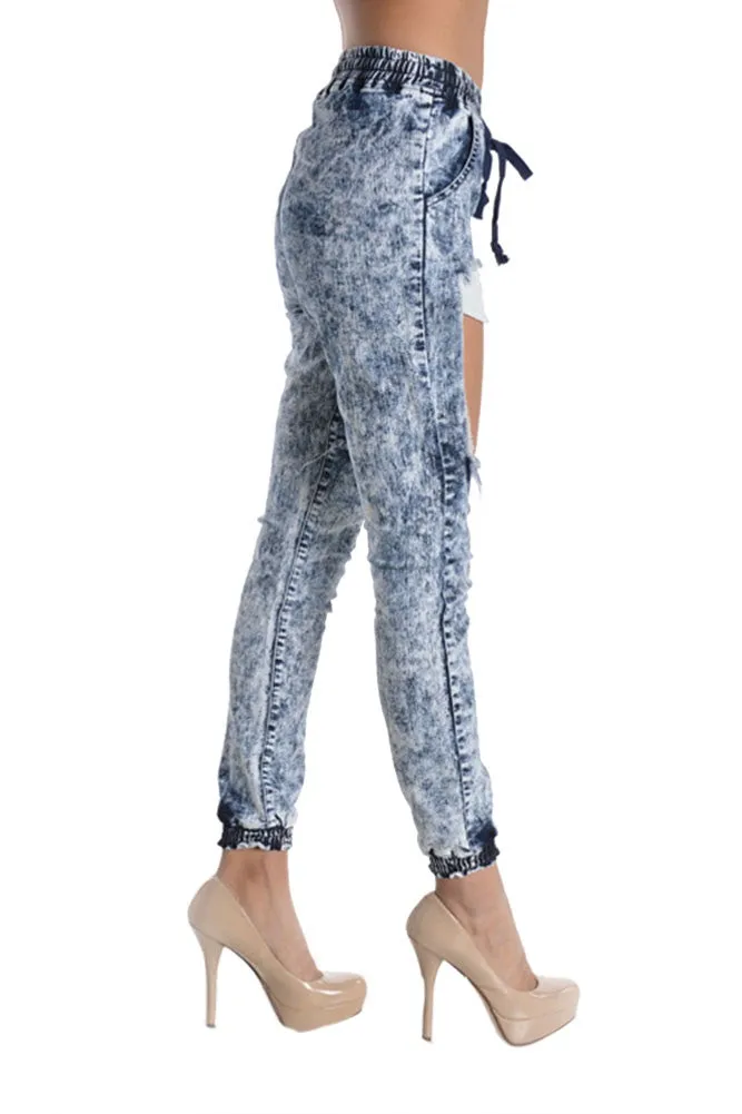 Women's Torn Acid Wash Denim Jogger Pants