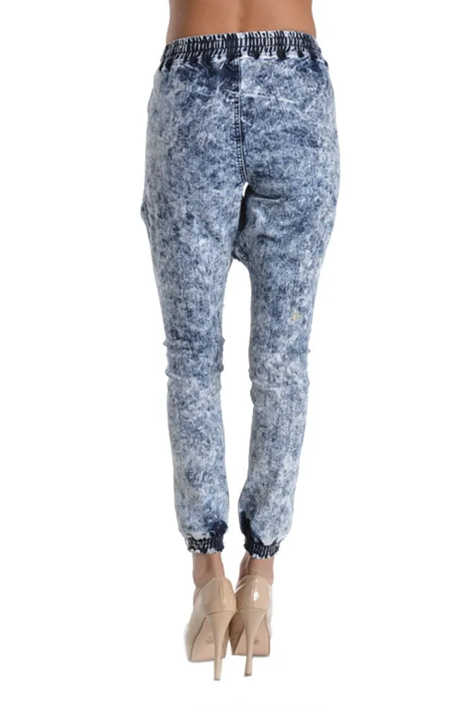 Women's Torn Acid Wash Denim Jogger Pants