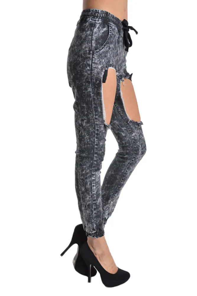 Women's Torn Acid Wash Denim Jogger Pants